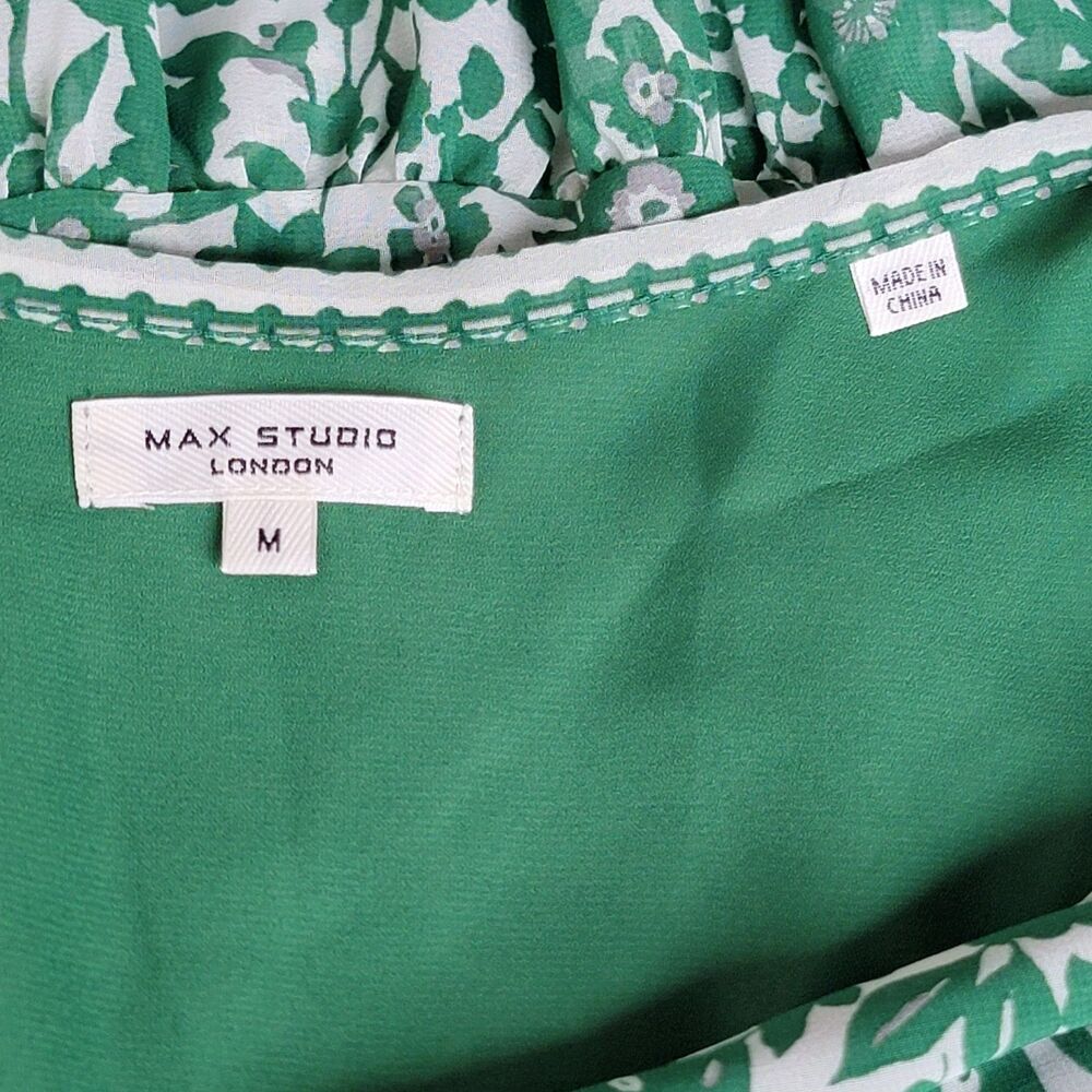 Max Studio Dress Women's Medium Green Floral A-Line Ruffle Beach Preppy Cottage - Picture 4 of 8